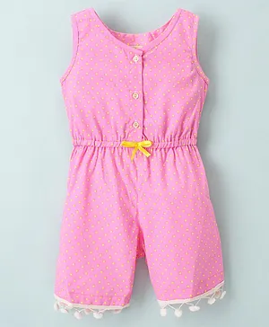 The KidShop Sleeveless Polka Dots Printed With Pom Pom Lace Embellished  Jumpsuits - Pink