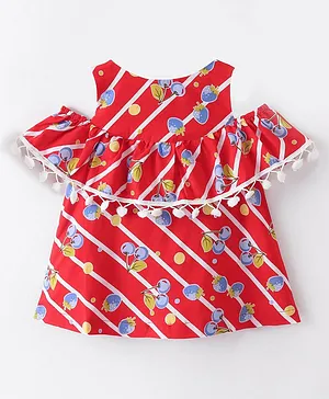 The KidShop Cold Shoulder Cherry Printed  & Pom Pom Lace Embellished  Dress - Red