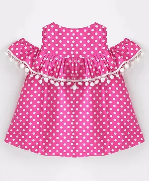 The KidShop Cold Shoulder Polka Dots Printed  & Pom Pom Lace Embellished  Dress  - Pink