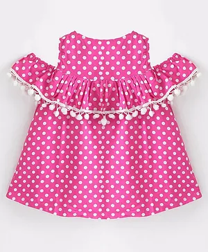 The KidShop Cold Shoulder Polka Dots Printed  & Pom Pom Lace Embellished  Dress  - Pink