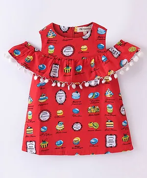 The KidShop Cold Shoulder Cake  Printed  & Pom Pom Lace Embellished  Dress - Red