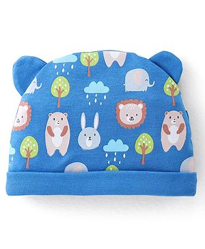 Babyhug 100% Cotton Knit Bear Print Cap - Navy Blue