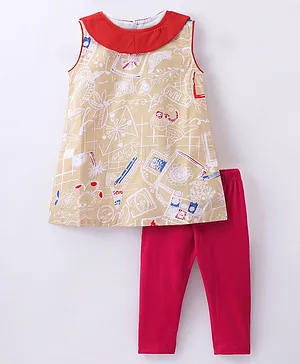 The KidShop Sleeveless Abstract Doodle Theme Printed Dress With Leggings - Red & Blue