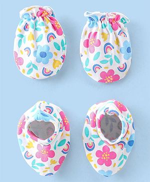 Babyhug 100% Cotton Knit Mittens and Booties With Floral Print - White