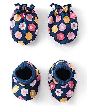 Babyhug 100% Cotton Knit Mittens and Booties With Floral Print - Navy Blue