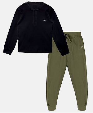 Kiddopanti  Full Sleeves Henley Neck Solid Unisex Tee & Track Pant Set Black & Military Green