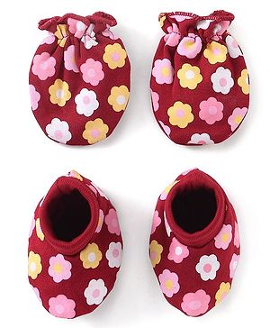 Babyhug 100% Cotton Knit Mittens & Booties Set Floral Print - Red