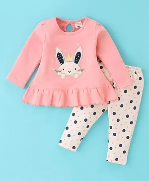 U R CUTE Full Sleeves Rabbit Embroidered  And Polka Dot Printed Dress With Legging - Peach
