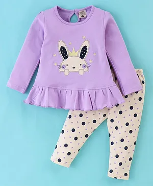 U R CUTE Full Sleeves Rabbit Embroidered  And Polka Dot Printed Dress With Legging - Lavender