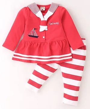 U R CUTE Full Sleeves Striped Designed Dress With Legging - Red
