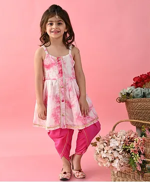 Saka Designs By Sapna Sleeveless  Tie Dye  & Gota Lace Embellished Kurta  & Dhoti - White & Fuchsia Pink