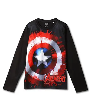 Wear Your Mind Marvel Avengers Super Heroes Featuring Full Sleeves Captain America Shield Printed Tee - Black