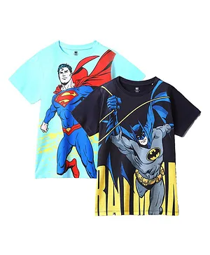 Wear Your Mind Pack Of 2 DC Comics Superheroes Featuring Half Sleeves Superman & Batman Printed Tees - Black & Sky Blue