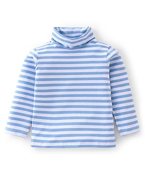 Babyhug Cotton Lycra Knit Full Sleeves Turtle Neck T-Shirt with Stripes - White & Blue