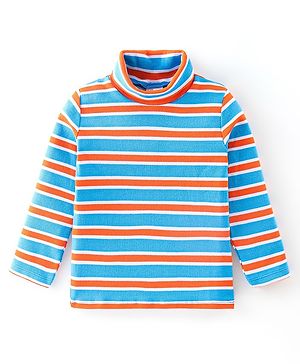 Babyhug Cotton Lycra Knit Full Sleeves Turtle Neck T-Shirt with Stripes - Orange & Blue