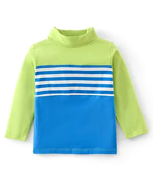 Babyhug Cotton Lycra Knit Full Sleeves Turtle Neck T-Shirt with Stripes - Blue & Green