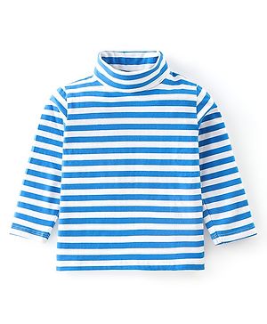Babyhug Cotton Knit Full Sleeves Skivi Turtle Neck Tee With Striped Graphics- Blue & White