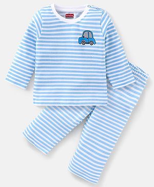 Babyhug 100% Cotton Knit Full Sleeves T-Shirt & Lounge Pant Striped - Blue