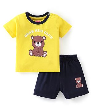 Babyhug 100% Cotton Knit Half Sleeves T-Shirt & Shorts With Teddy Print - Black & Yellow