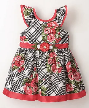 Enfance Core Checks & Floral Print Sleeveless Dress - Red - 16 - Cotton - (6 to 12 Month)