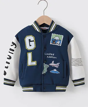 Kookie Kids Full Sleeves Sweat Jacket With Text & Plane Print- Blue