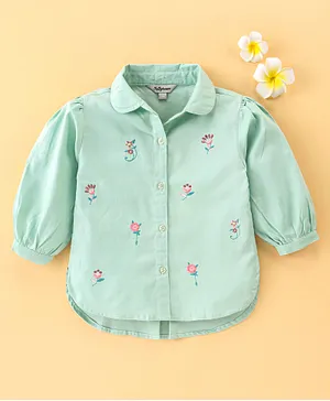 ToffyHouse Cotton Full Sleeves Floral Embroidery Top - Green
