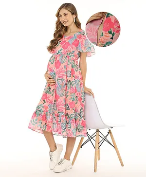 Bella Mama Flutter Sleeves Floral Printed Maternity Dress with Pocket - Pink