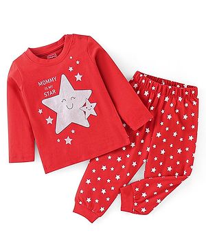 Babyhug Cotton Knit Full Sleeves Stars Printed Night Suit - Red