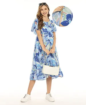 Bella Mama Flutter Sleeves Floral Printed Maternity Dress with Pocket - Blue