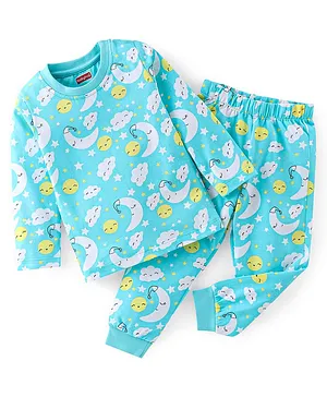 Babyhug Cotton Knit Full Sleeves Night Suit Sky Print - Blue