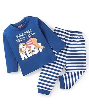 Babyhug Cotton Knit Full Sleeves Striped & Sloth Printed Night Suit - Navy Blue