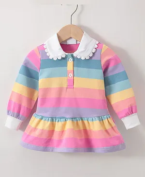 Kookie Kids Full Sleeves Striped Frock Style Top with Lace Detailing - Multicolour
