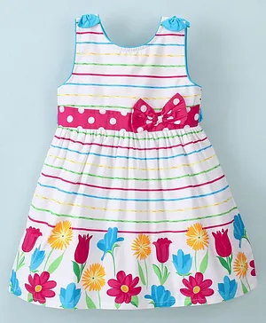 Enfance Core Sleeveless Striped & Garden Floral Printed Fit & Flare Dress - Rani Pink