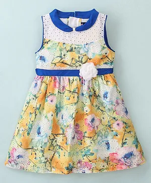 Enfance Core Sleeveless Schiffli Embroidered & Forest Floral Printed Fit & Flare Dress - Yellow