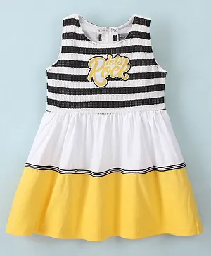 Enfance Core Sleeveless Lets Rock Text Detailed & Rugby Striped Fit & Flare Dress - Yellow