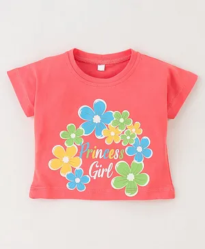 Enfance Core Half Sleeves Floral & Princess Girl Text Printed Top - Tomato Red