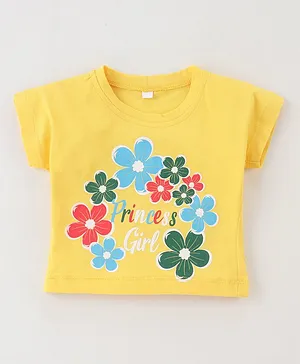 Enfance Core Half Sleeves Floral & Princess Girl Text Printed Top - Yellow