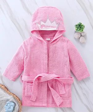 Babyhug Woven Terry Full Sleeves Hooded Bath Robe Princess Patch - Pink