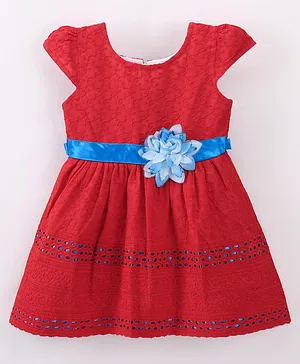 Enfance Core Cap Sleeves Flower Applique Embellished With Schiffli & Swirl Embroidered Fit & Flare Dress - Red