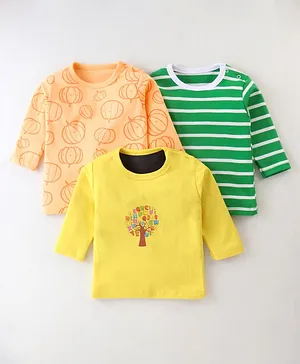 Kidi Wav Pack Of 3 Full Sleeves Striped Designed & Pumpkin Printed Tee - Green Orange & Yellow