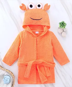 Babyhug Full Sleeves Woven Terry Crab Faced Hooded Bath Robe - Orange