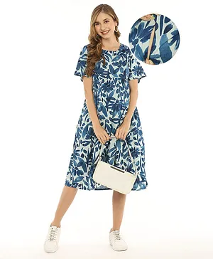 Bella Mama Woven Short Sleeves Floral Printed Maternity Dress with Pocket - Blue