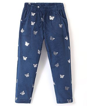 Babyhug Fleece Full Length Woollen Pant Butterfly Print - Navy Blue