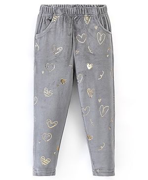 Babyhug Full Length Fleece And Woollen Pant Heart Print - Grey