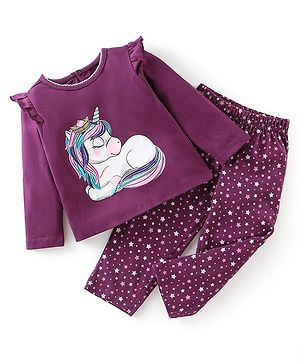 Babyhug Cotton Knit Full Sleeves Night Suit With Unicorn Print - Purple