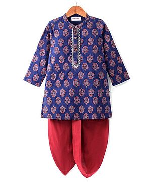 Babyhug 100% Cotton Full Sleeves Kurta & Dhoti Set With Floral Print - Blue & Red