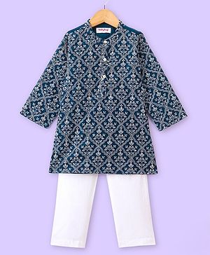 Babyhug Woven Floral Embroidered Full Sleeves Kurta & Pyjama Set- Blue