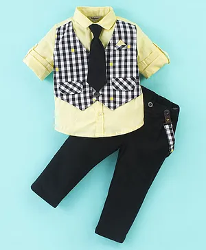 ToffyHouse Cotton Full Sleeves Checkered Party Suit with Bow Tie - Lemon Yellow & Black