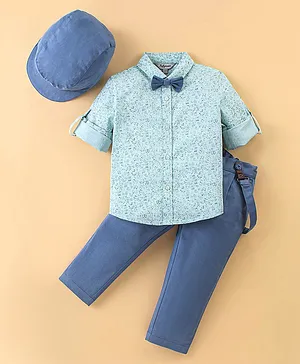 ToffyHouse Cotton Full Sleeves Design Printed Party Shirt & Trouser Set with Bow Cap & Suspender - Airforce Blue