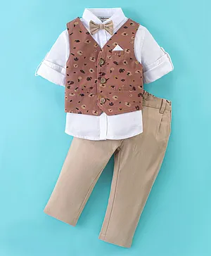 ToffyHouse Woven Cotton Full Sleeves Solid Shirt & Trouser Set with Bow Tie Waistcoat - Khaki